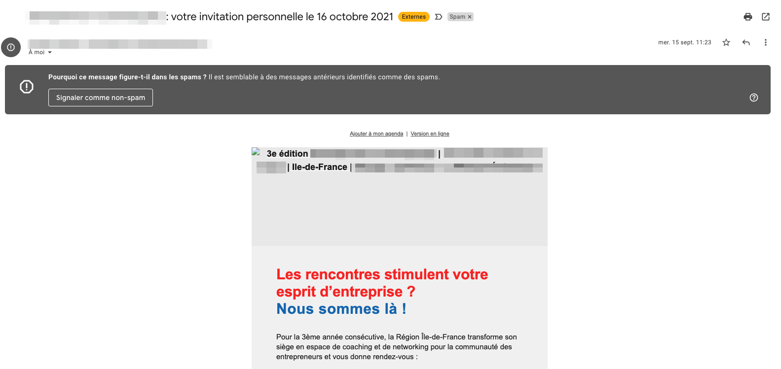 Exemple d'un email de spam contenant une invitation à un événement B2B