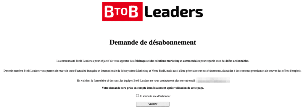 Exemple de texte sur une page de désinscription à une newsletter 