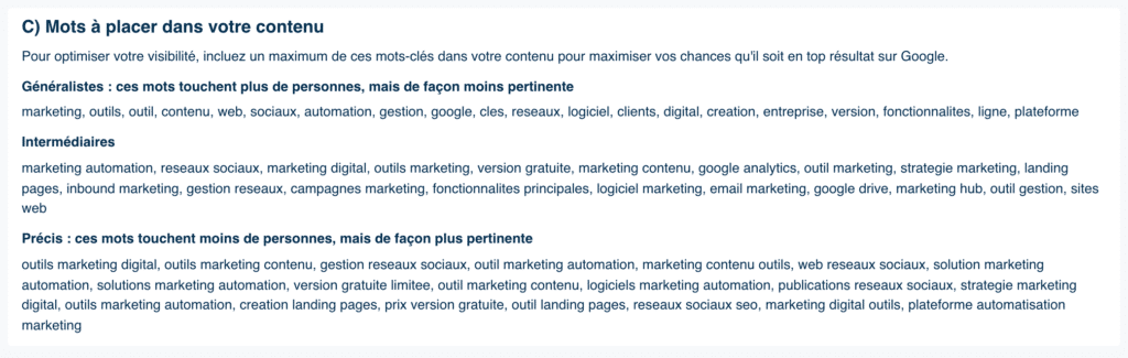 Idées de mots-clés proposés par Plezi à intégrer dans un contenu pour améliorer le SEO 