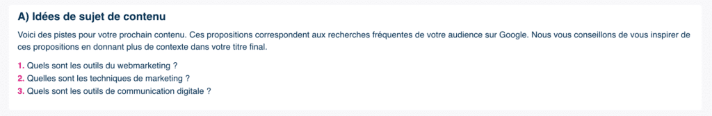 Idées de sujet de contenus proposée par la fonctionnalité Plezi 