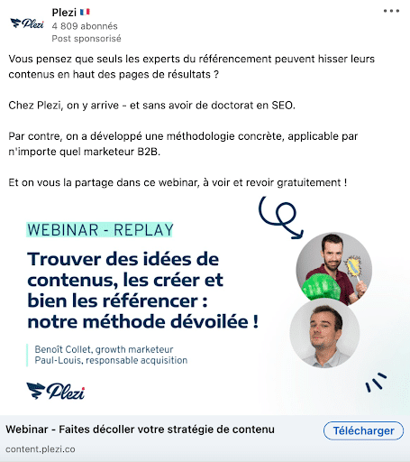 post sponsorisé sur linkedin pour promouvoir le webinar