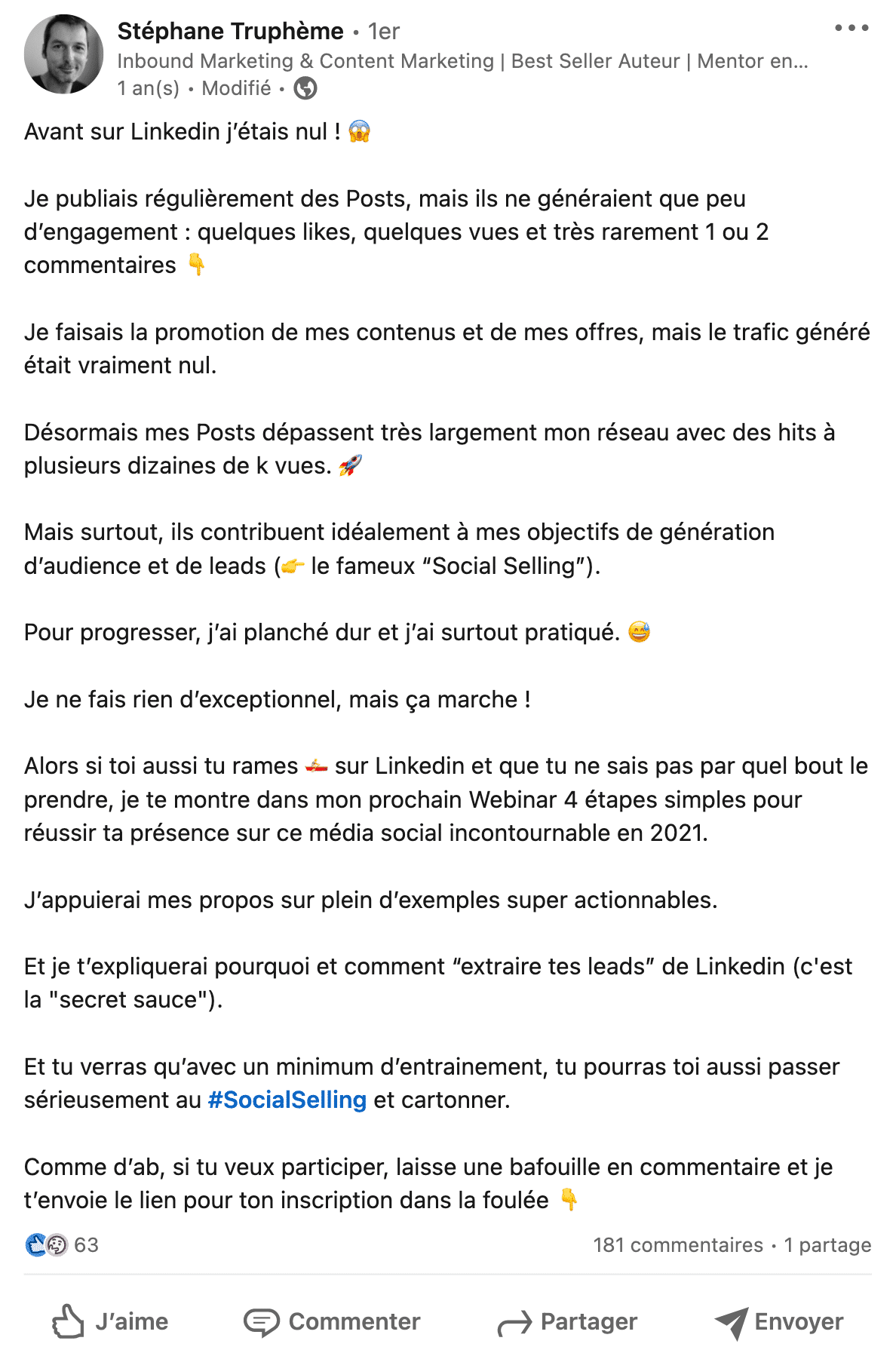 exemple d'un post LinkedIn utilisant le copywriting