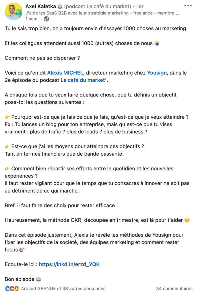 exemple d'un post LinkedIn attirant 