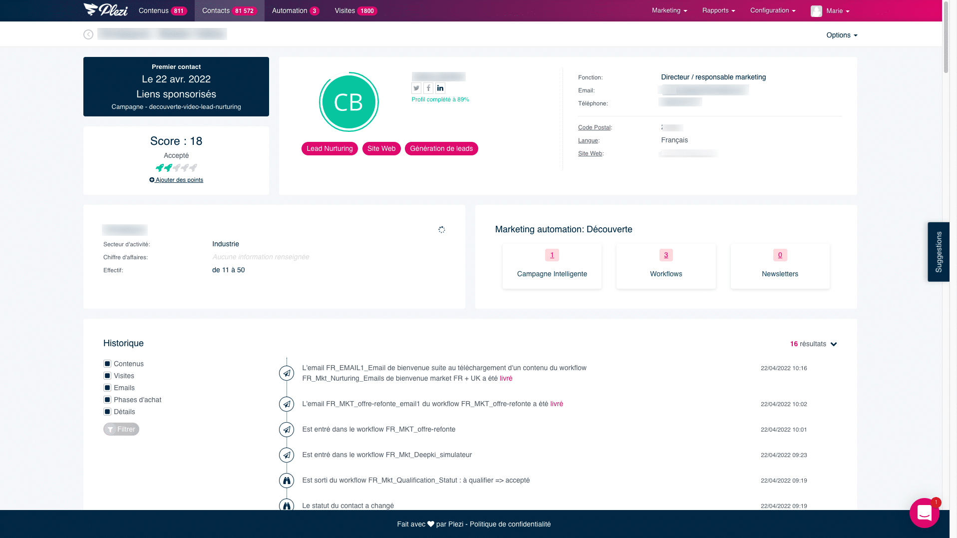 Exemple d'une fiche contact d'un lead dans Plezi