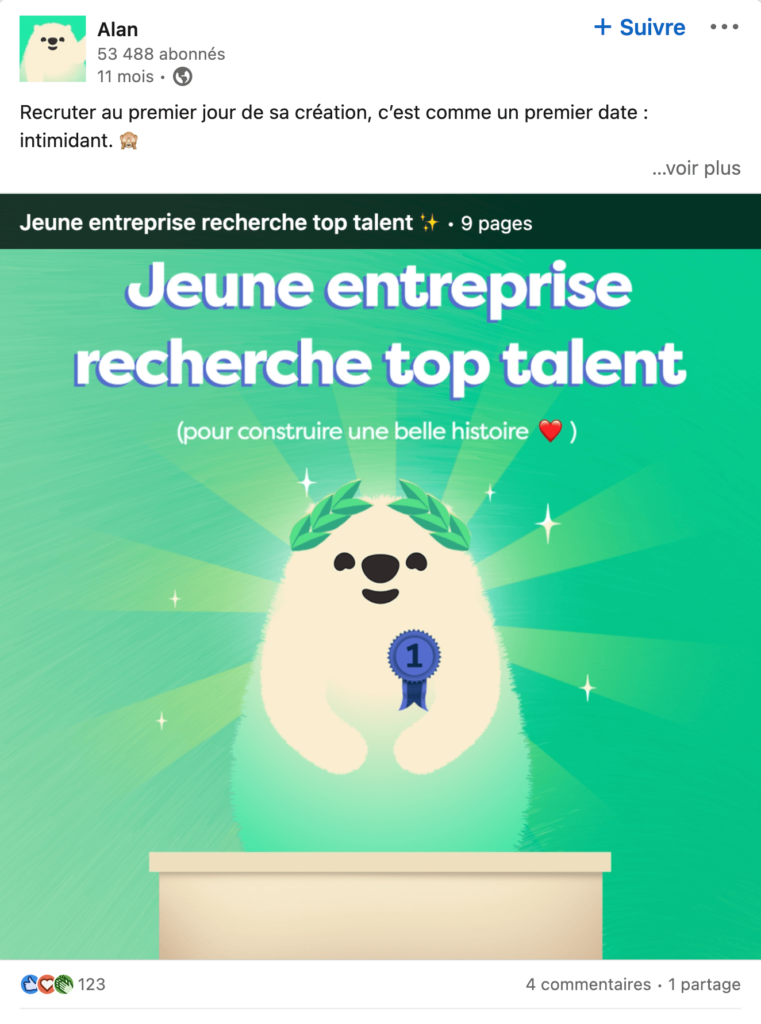 exemple d'un post LinkedIn de la mutuelle Alan pour recruter 