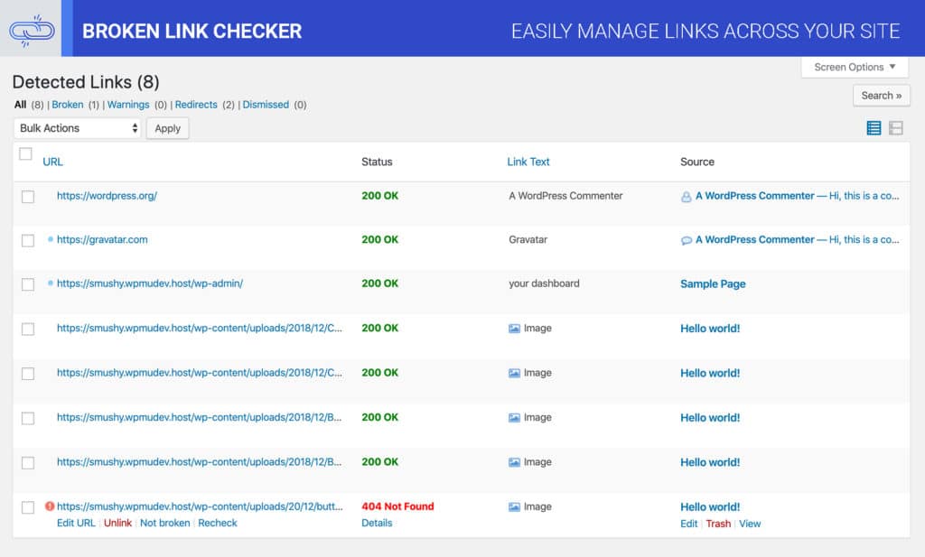 capture d'écran du plugin wordpress broken link checker