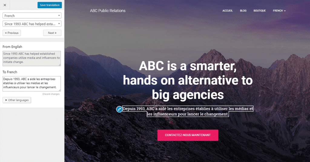 capture d'écran du plugin wordpress translatepress