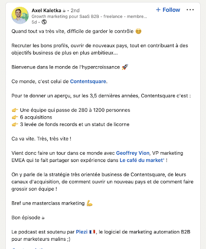 plezi mentionné sur un post linkedin