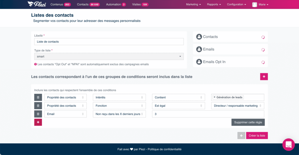 segmentation des contacts via une liste de contacts plezi