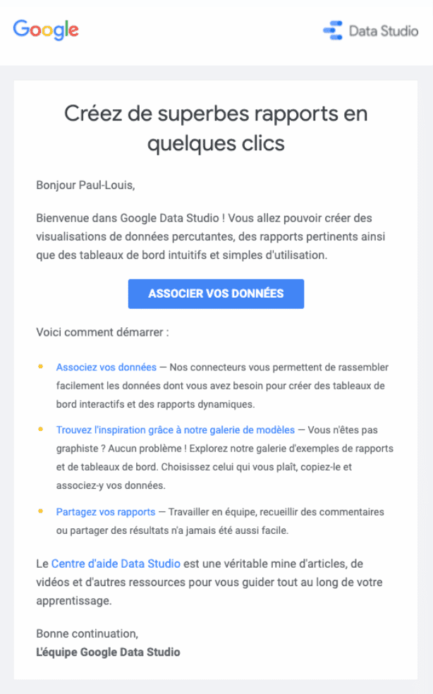 Google data studio welcome email 