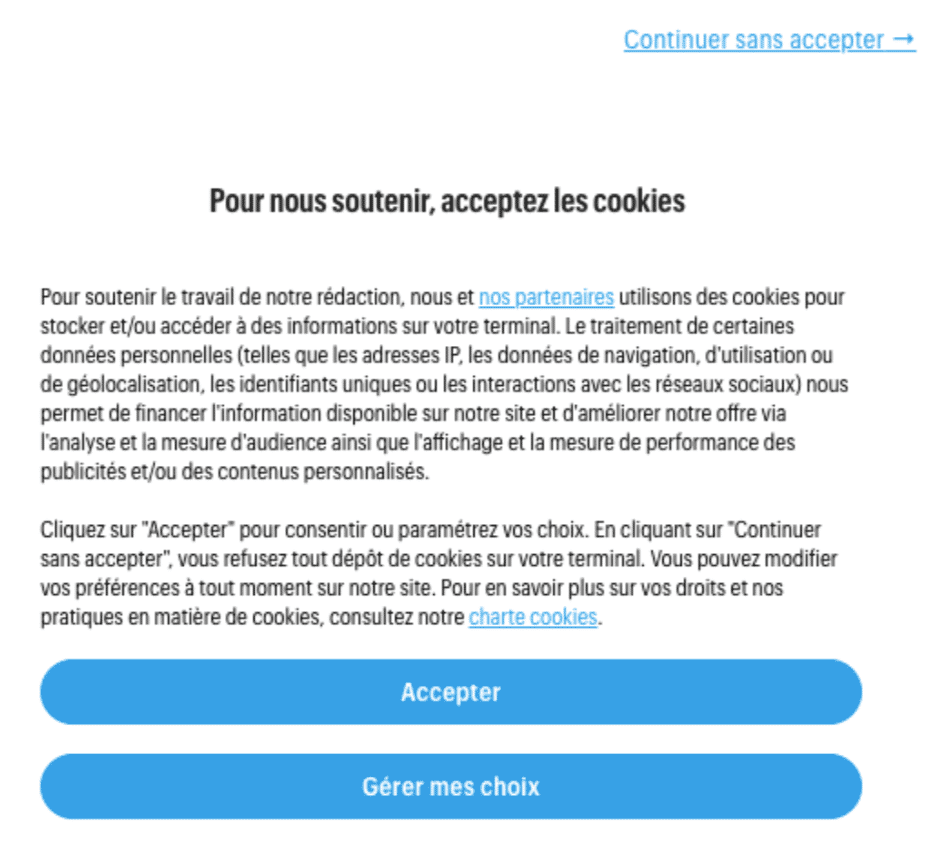 bannière de consentement des cookies