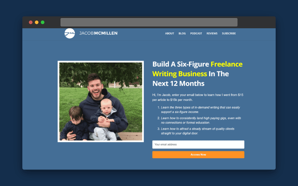 Landing page of Jacob McMillen and visual of gated content in use on a website