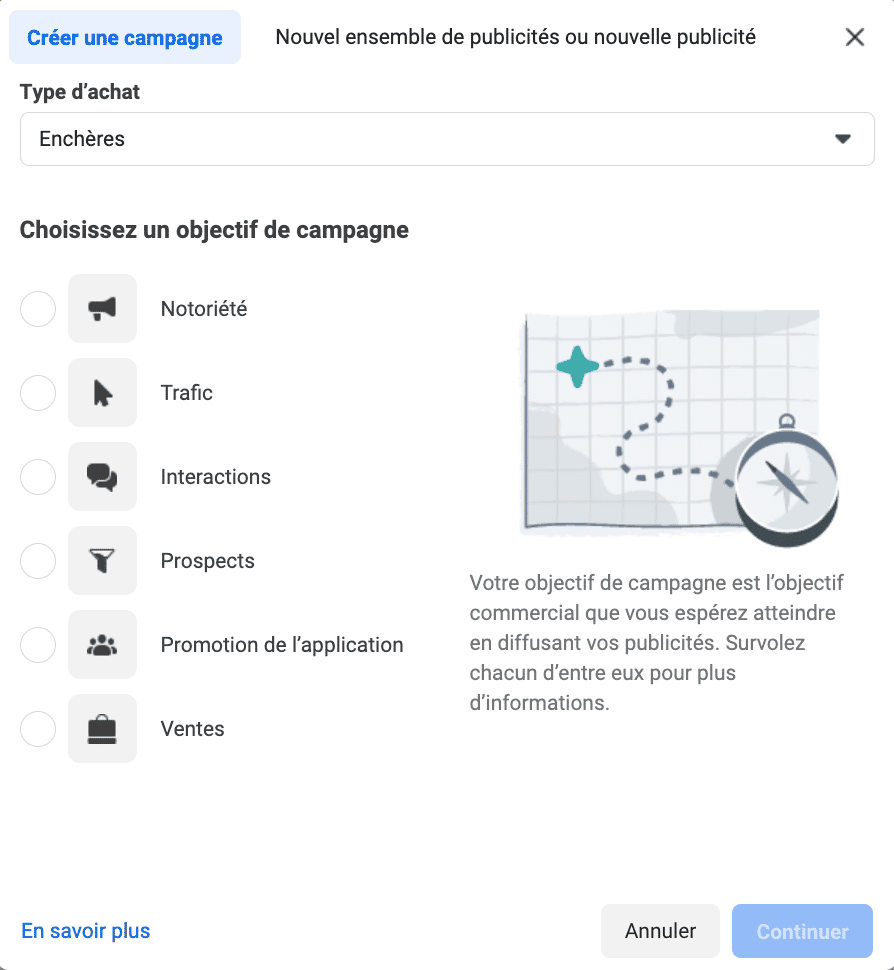 choisir objectif de campagne sur facebook ads