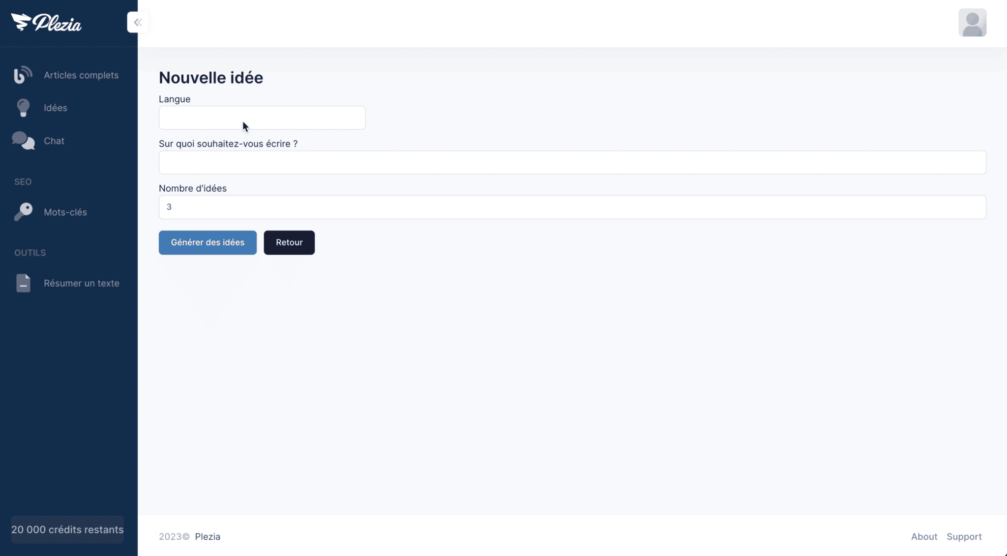 fonctionnalité de Plezia pour trouver des idées de contenus 