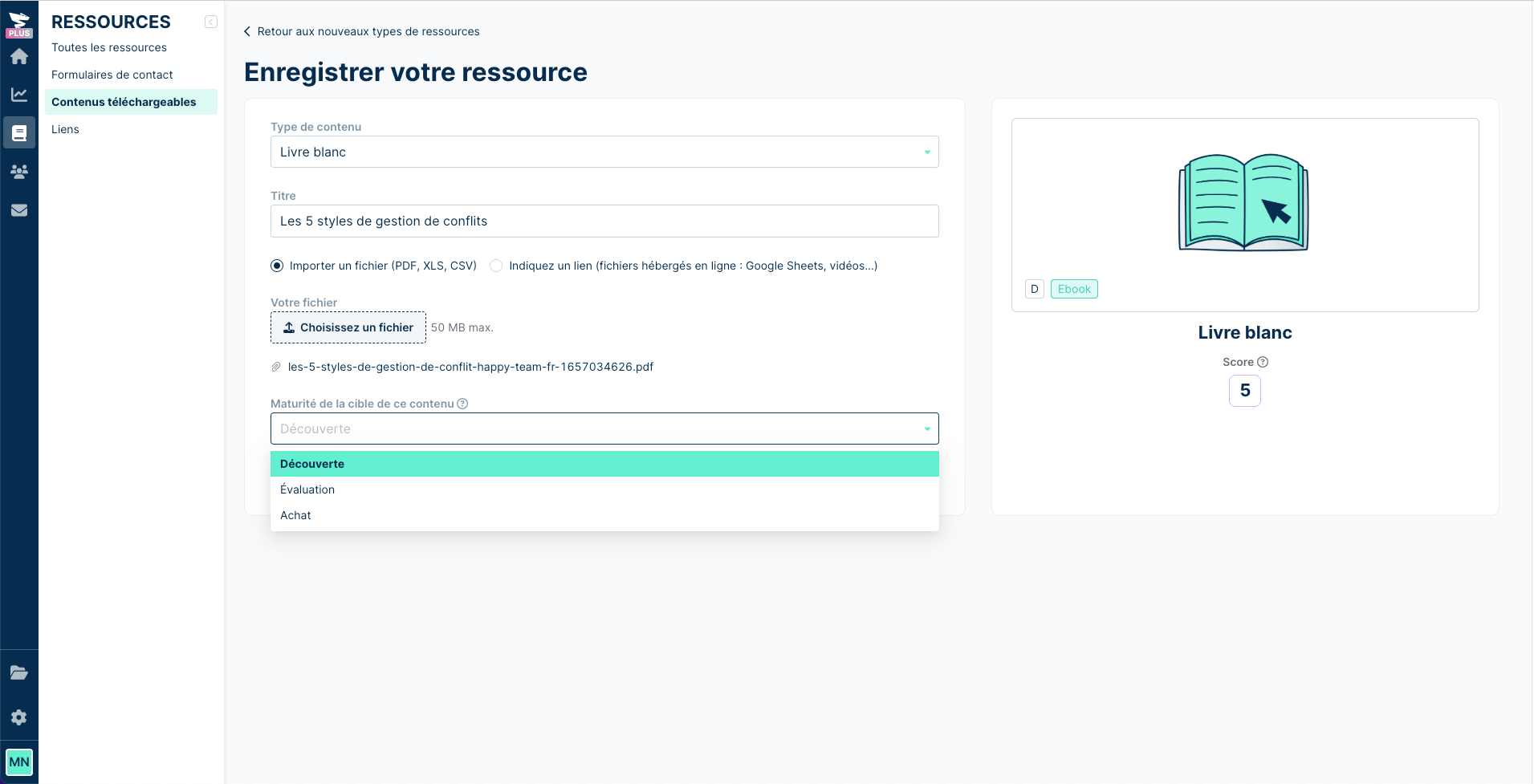 choix de la phase du contenu lors que l'ajout d'un contenu dans Plezi Plus