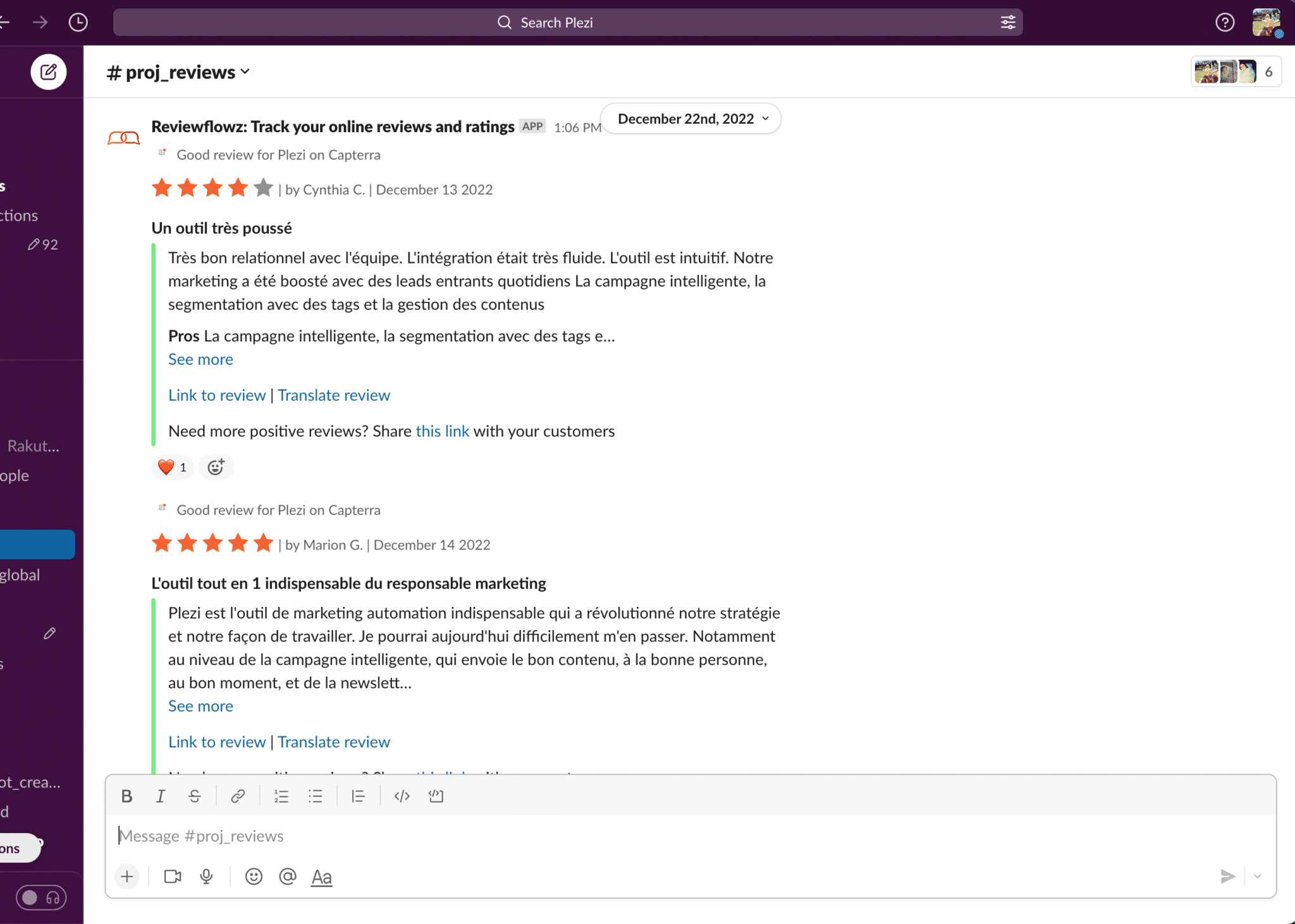 Avis clients remontés sur slack grâce à l'outil reviewflowz 