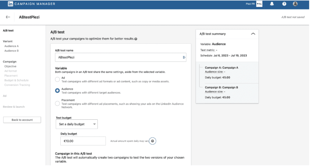 Fonctionnalité A/B Test sur Campagne manager sur Linkedin 