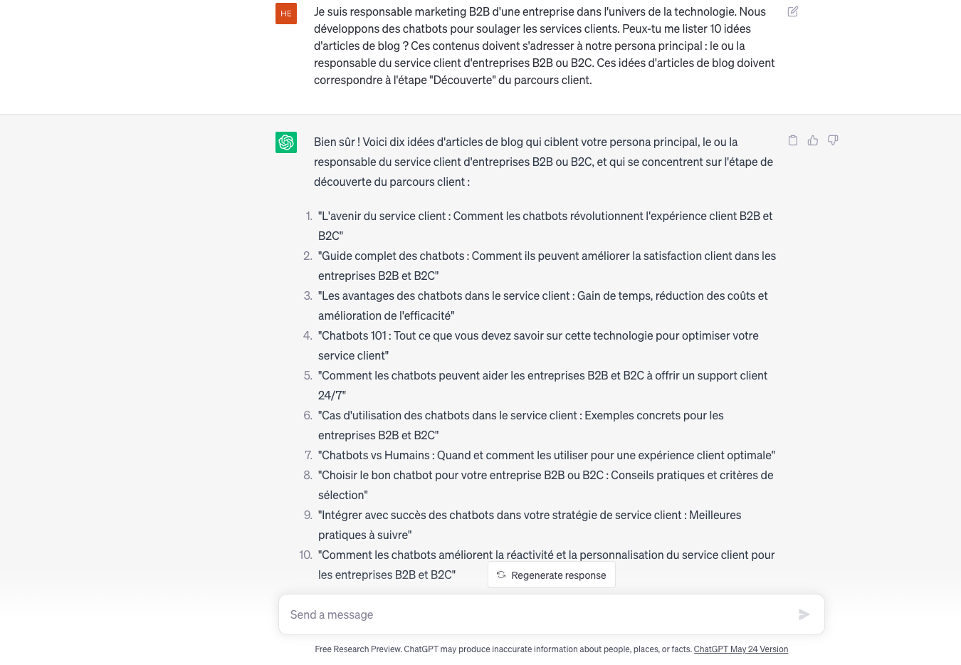 Capture d'écran de chatGPT. Un marketeur B2B demande des idées de contenus à l'IA, et ChatGPT lui propose 10 idées