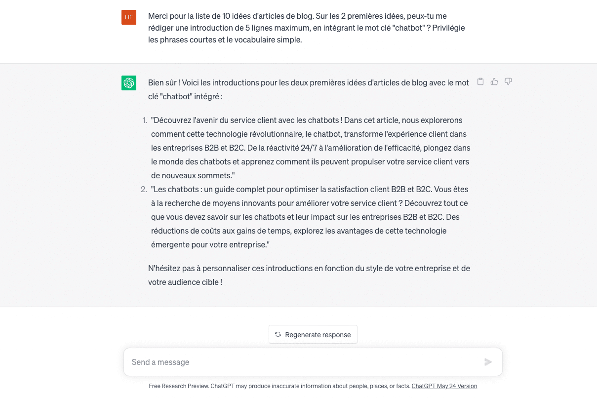 Capture d'écran de ChatGPT où un marketeurs demande les introductions des idées d'articles générées précedemment