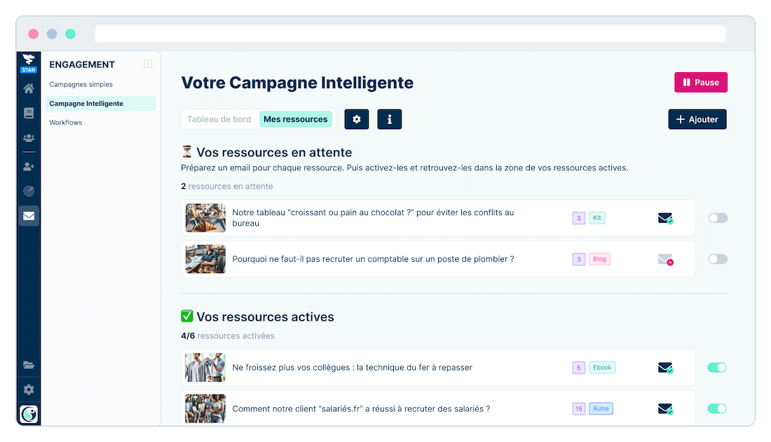 Visuel de la Campagne Intelligente Plezi, une fonctionnalité unique sur le marché, qui permet d'automatiser son lead nurturing.