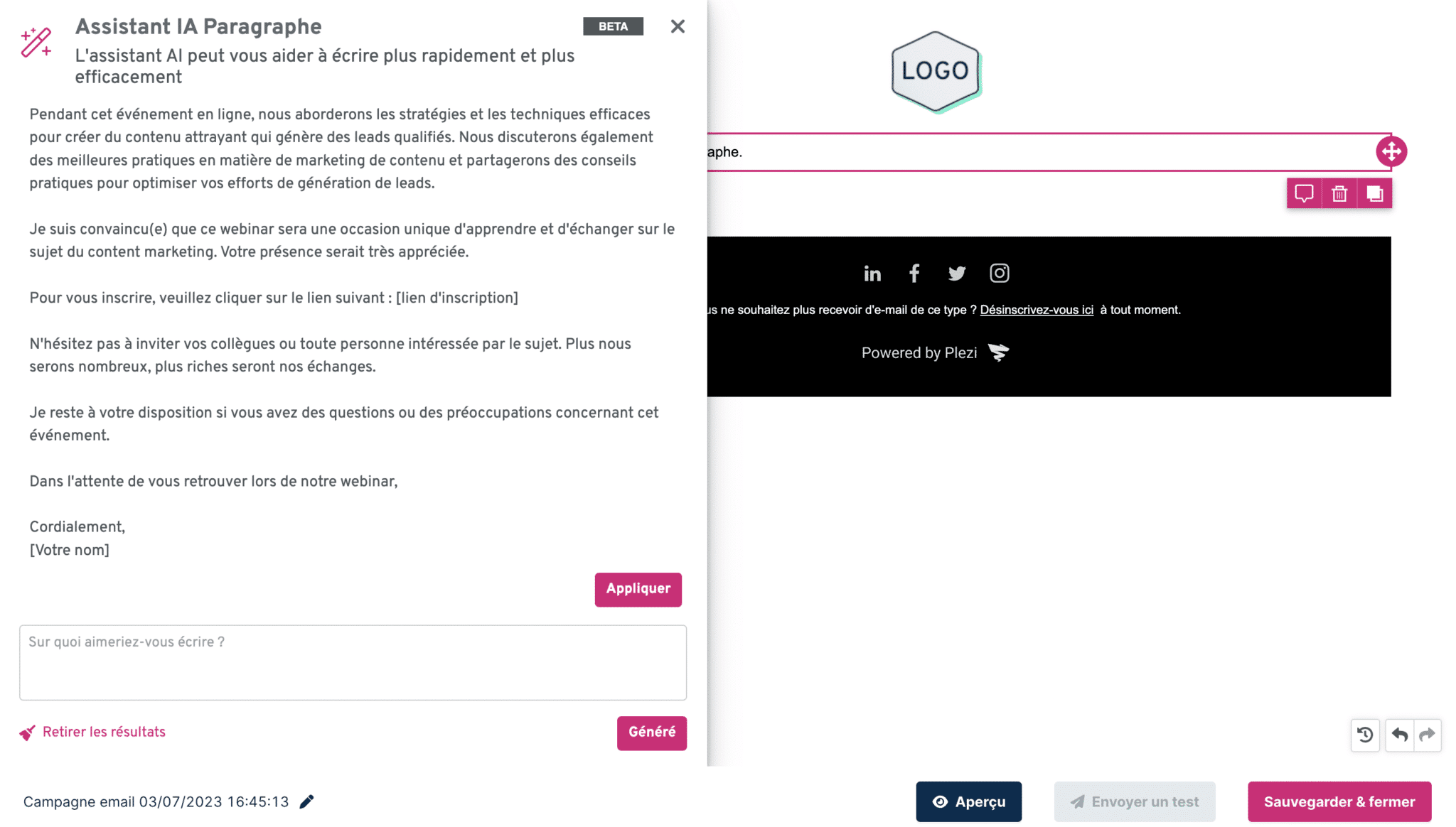 Rédaction de contenu email automatisé - Plezi IA